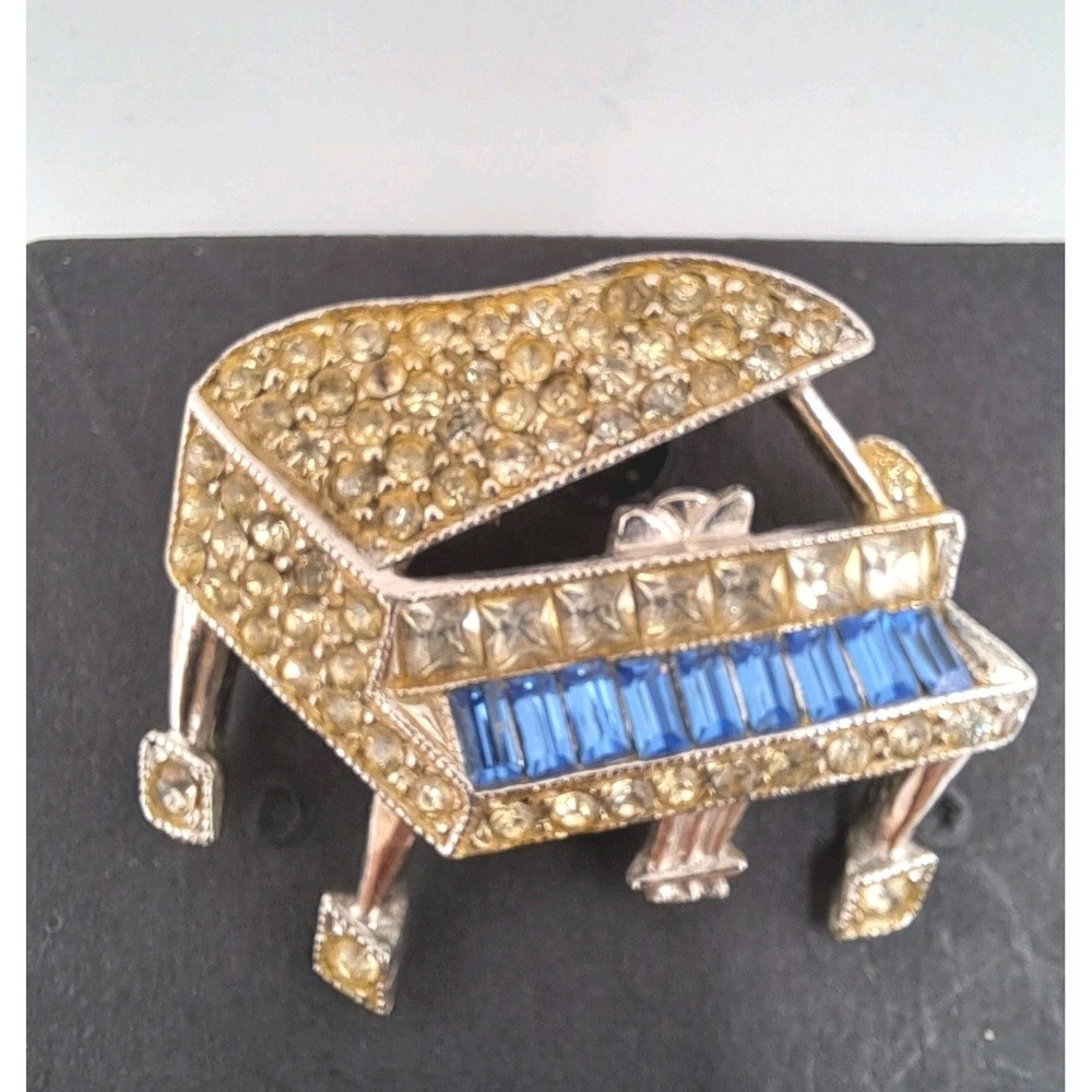 Vintage Gold Tone Blue Rhinestone Piano Pin Brooch